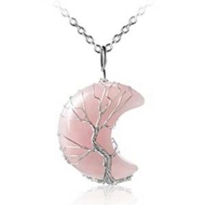 ROSE Quartz Crystal Tree of Life Wire Wrapped Crescent Moon Pendant Necklace